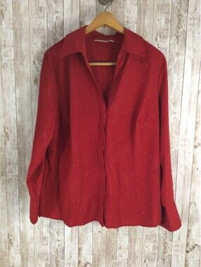 Croft & Barrow Women's Plus 1X Button Down Red Shimmer Top Holiday